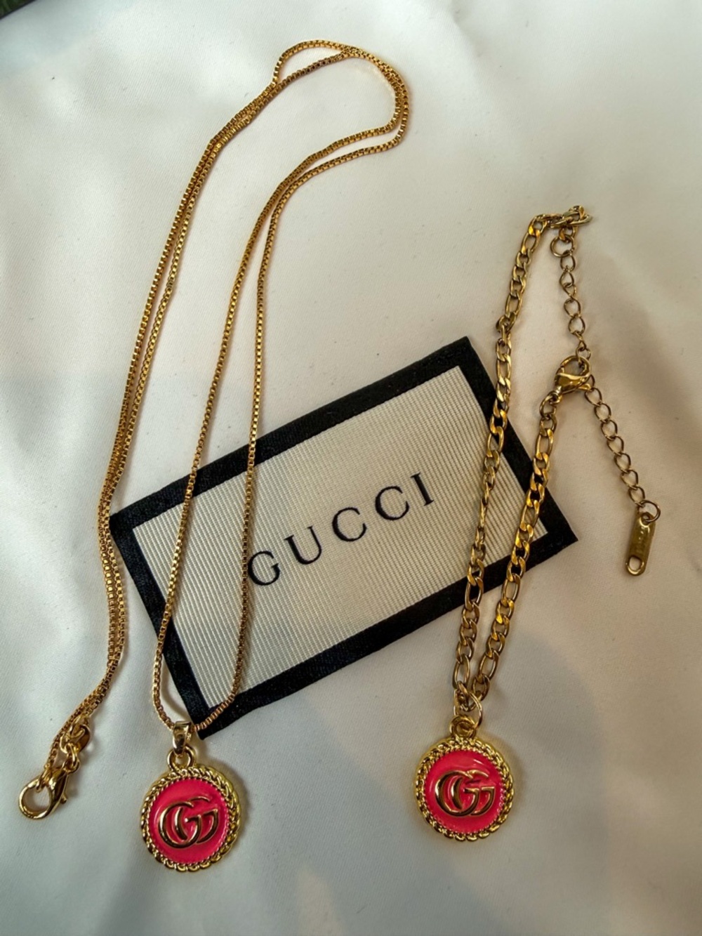 Gucci Gold-Tone Necklace and Bracelet with Pink Enamel Double G Pendant - Picture 1 of 5